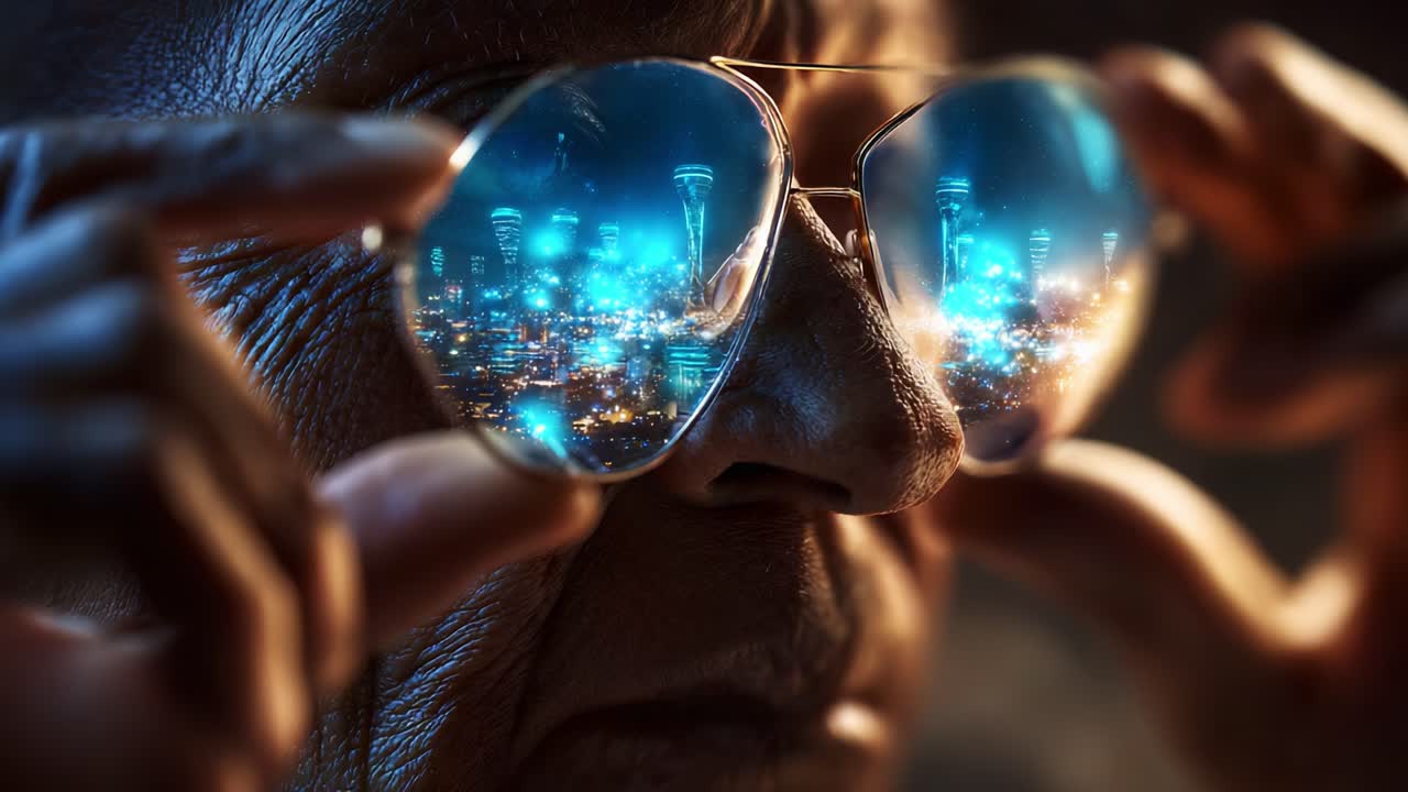 A captivating close-up shot of a person adjusting their sunglasses, showcasing a stunning reflection of a futuristic cityscape filled with vibrant lights and architectural marvels