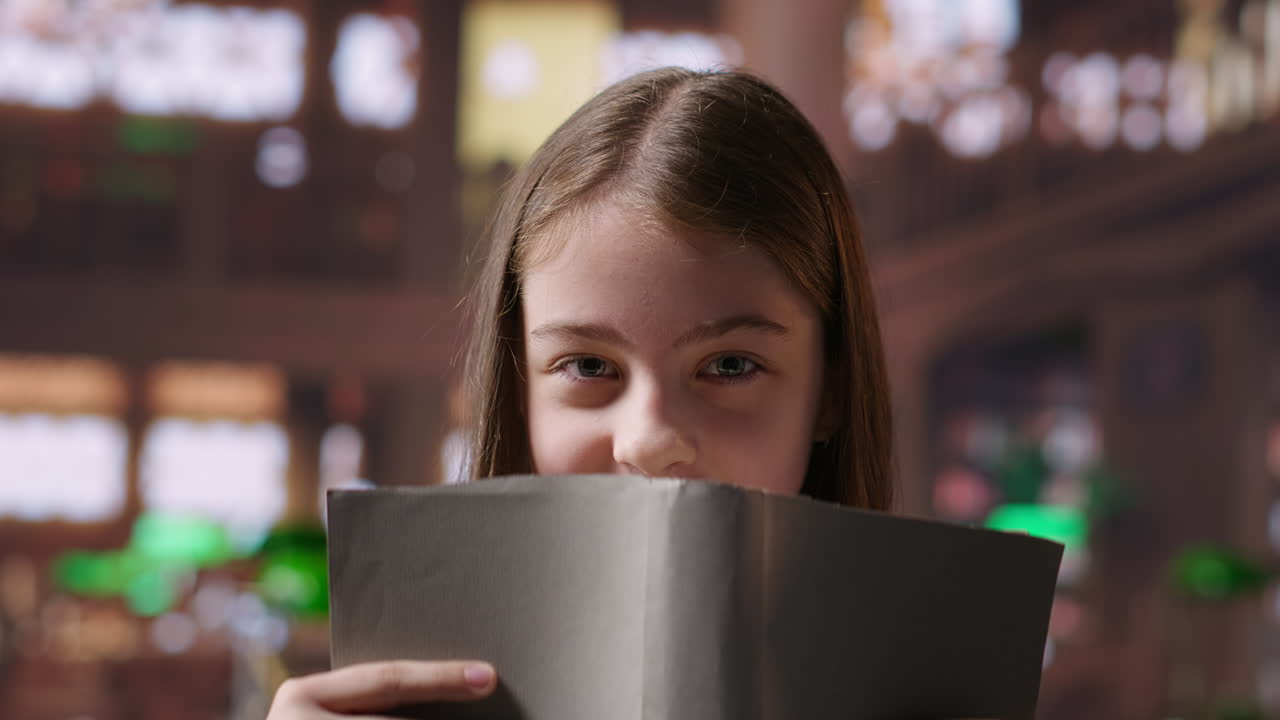 Una chica leyendo un libro en una biblioteca.