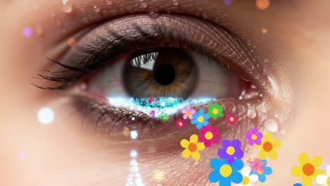 a stunning close-up of an eye with beautiful floral elements and glimmering details, capturing emotions and artistic expressions in a unique perspective