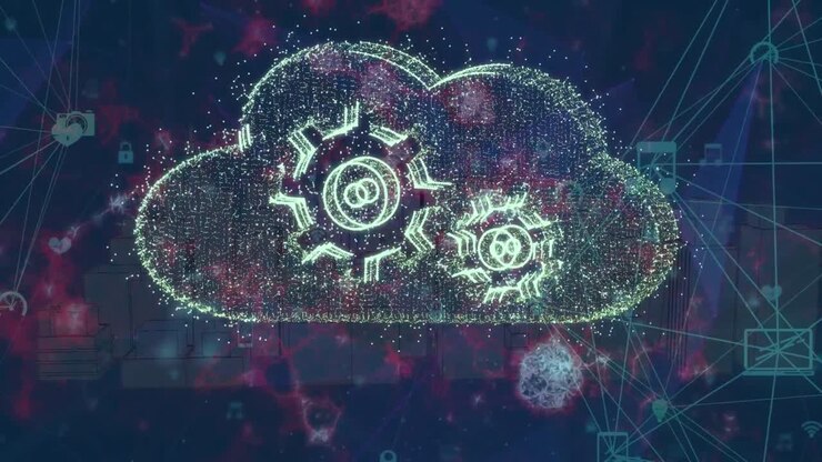 Animation of network of connections with cloud icon and data processing on black background