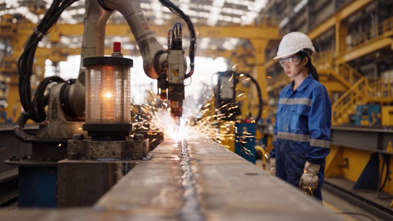 Un operaio specializzato supervisiona il processo di saldatura robotizzata in un moderno impianto di produzione, combinando automazione e competenza umana nelle operazioni industriali.
