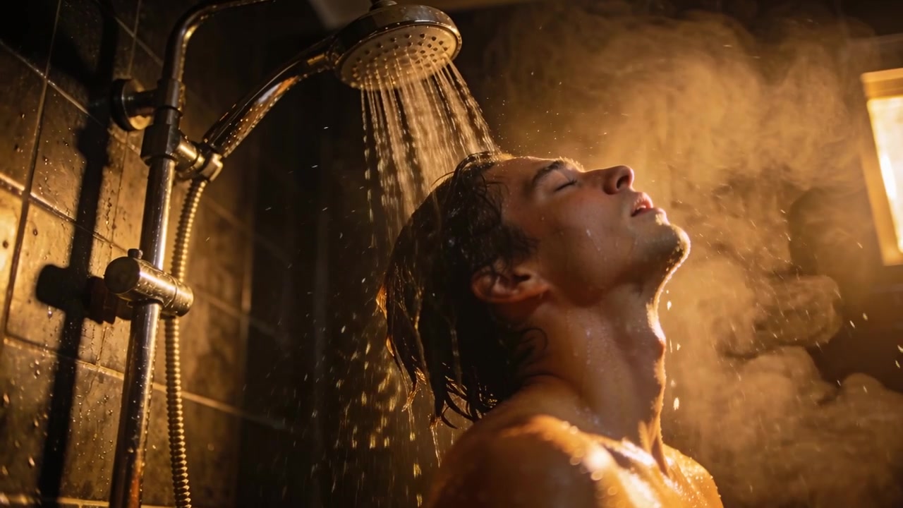Shower starting, shirtless man tilting back, letting water rinse hair in small bathroom, copy space