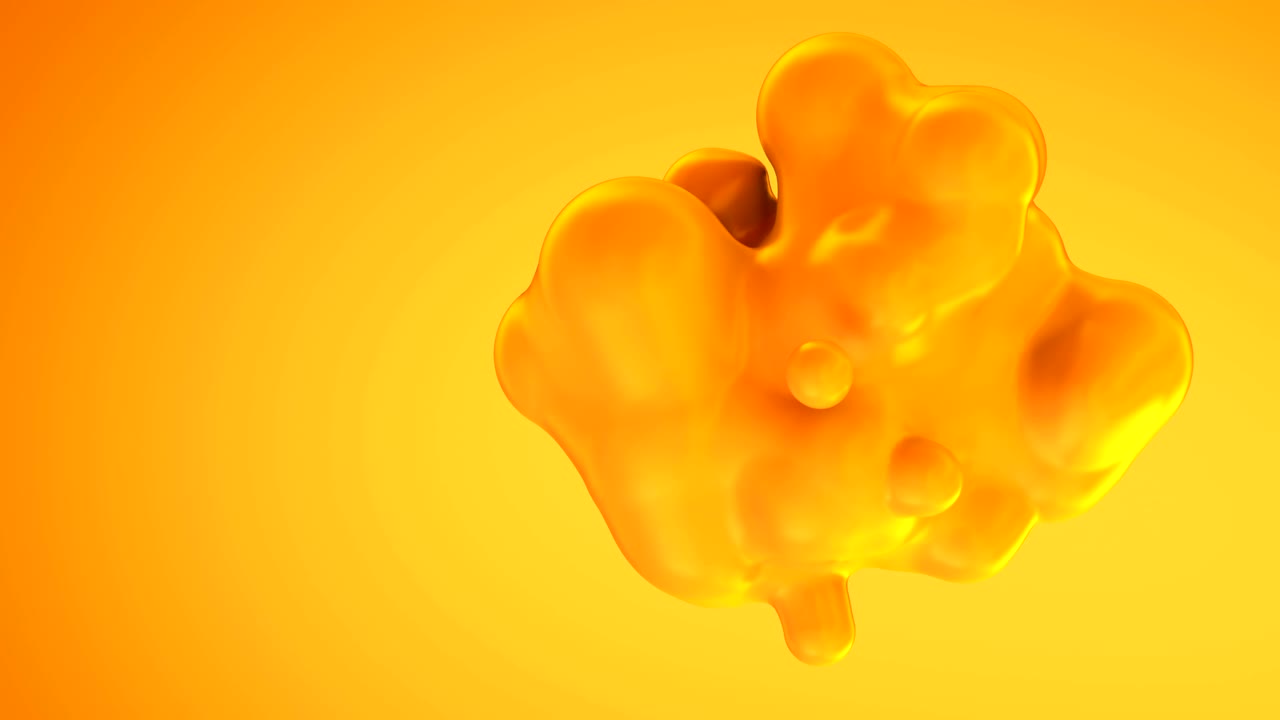 오렌지색 빛나는 액체 분자는 단일 모양으로 합쳐집니다. 무형 유기적 렌더링 블롭 애니메이션.