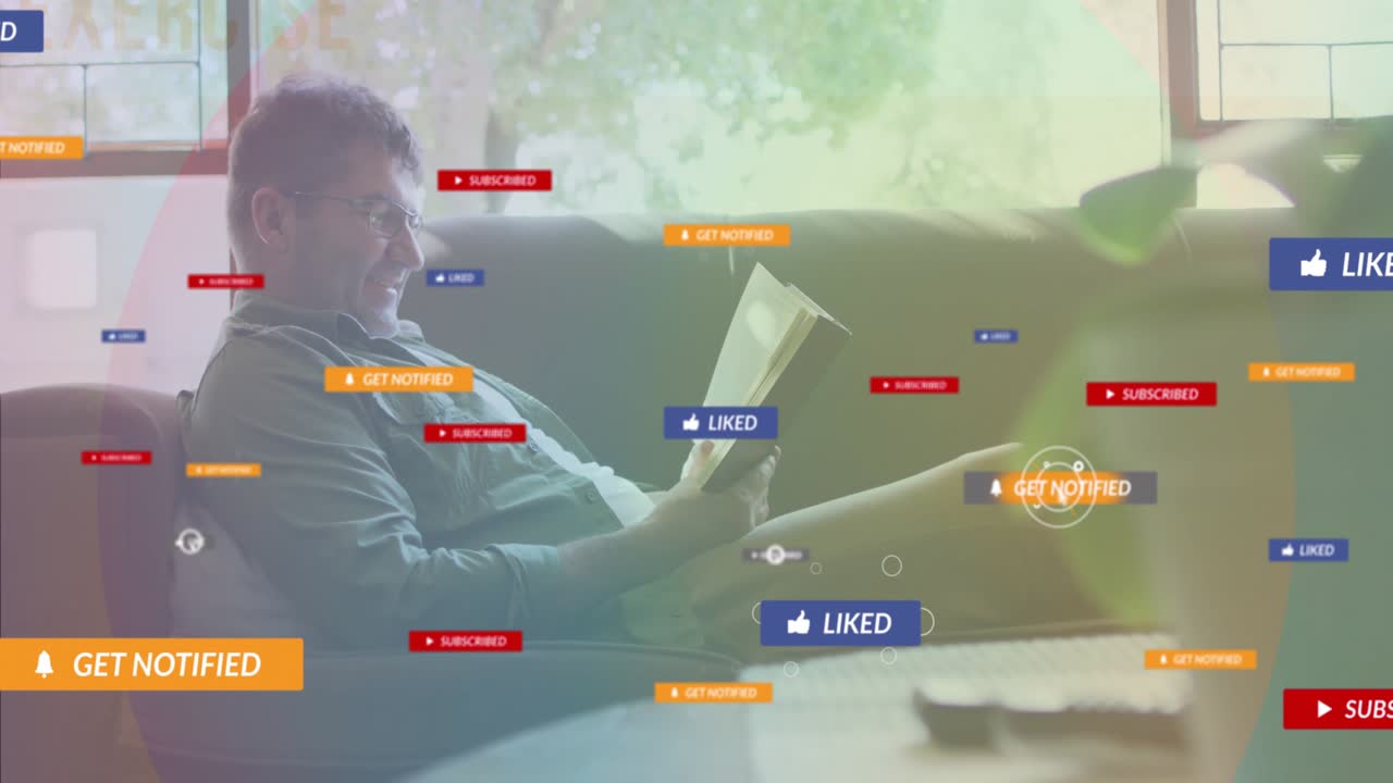 Man reading book on couch with social media notifications overlay animation