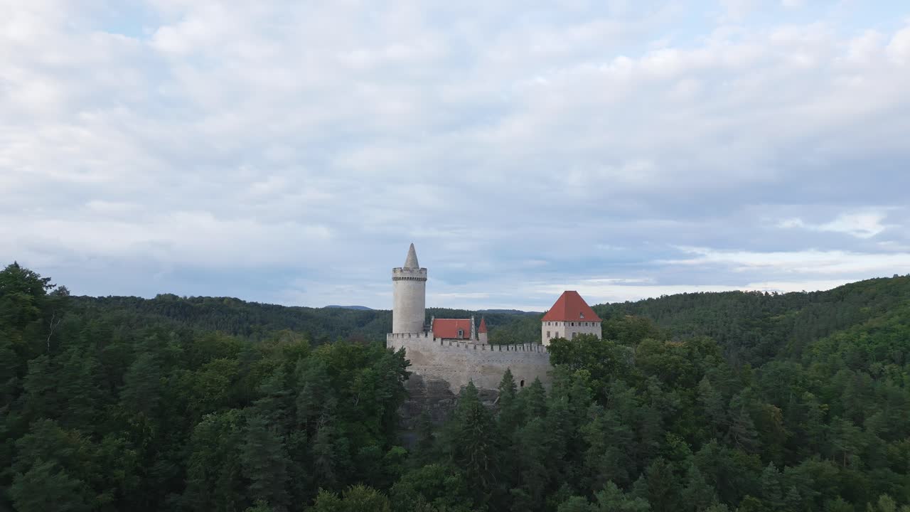 Aerial view of the castle towering high above the dense forests