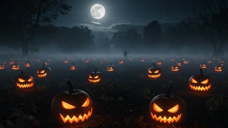 a spooky halloween night moonlit pumpkin field with eerie jack-o'-lanterns illuminating the dark landscape and a mysterious silhouette in the background