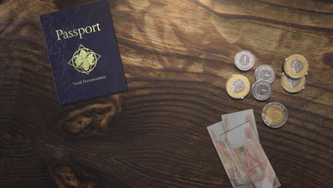 mesa de madera con pasaporte de viaje y moneda de metal y papel moneda