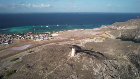 gran roque island with a lighthouse on a hill and vibrant blue waters in the distance, aerial view