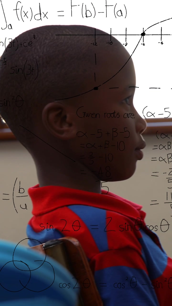 Animasi rumus matematika di atas anak-anak Afrika-Amerika yang sedang belajar di sekolah.