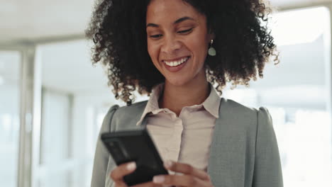 happy woman, phone and typing in office for social
