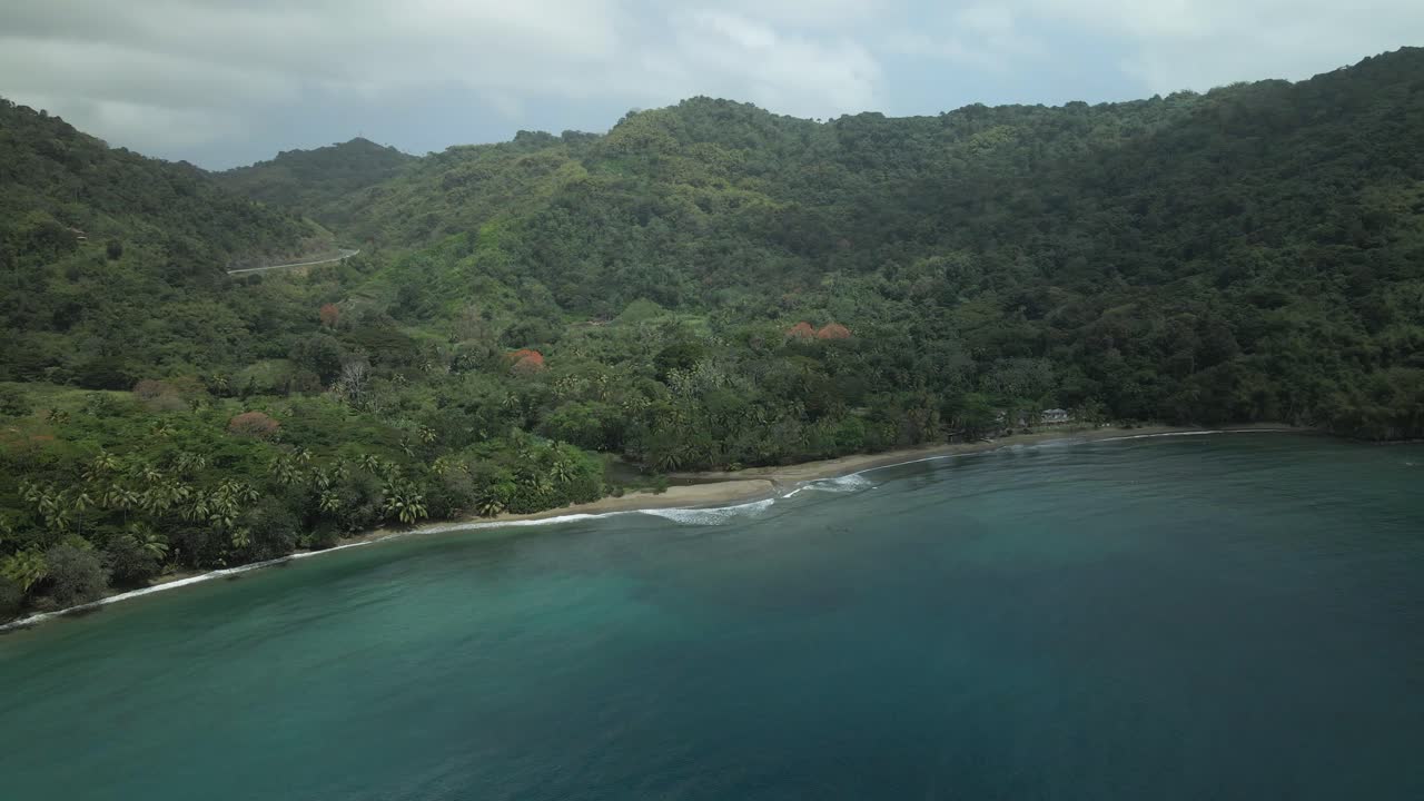 vista de drones de la playa de arena negra de kings bay en la isla tropical de tobago