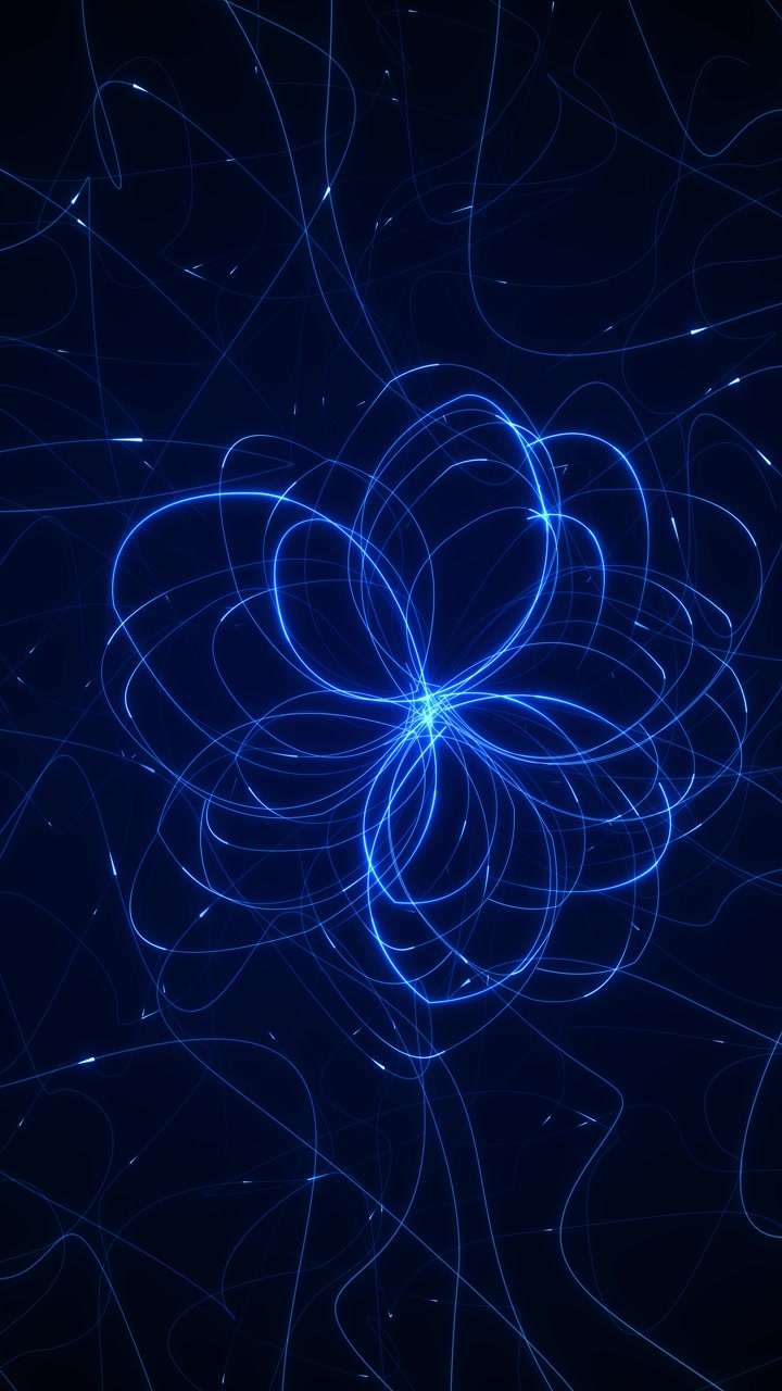 Animazione di linee orbitali blu elettrico con bagliore luminoso del nucleo, percorsi di particelle curvi e astratti.