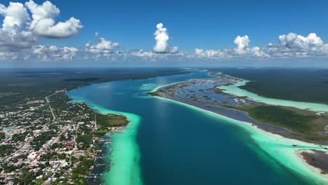 aerial view overlooking the bacalar lagoon and town in sunny quintana roo, mexico