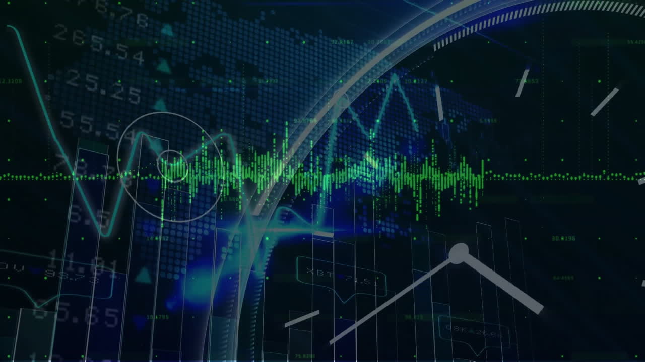 Digital data and clock hands over financial graphs and charts animation
