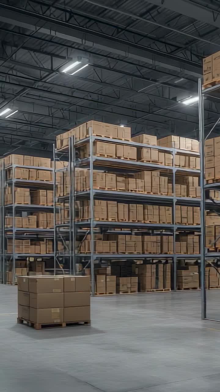 Vertical video: Starting camera panning warehouse showing racks and boxes with pallet jack rolling