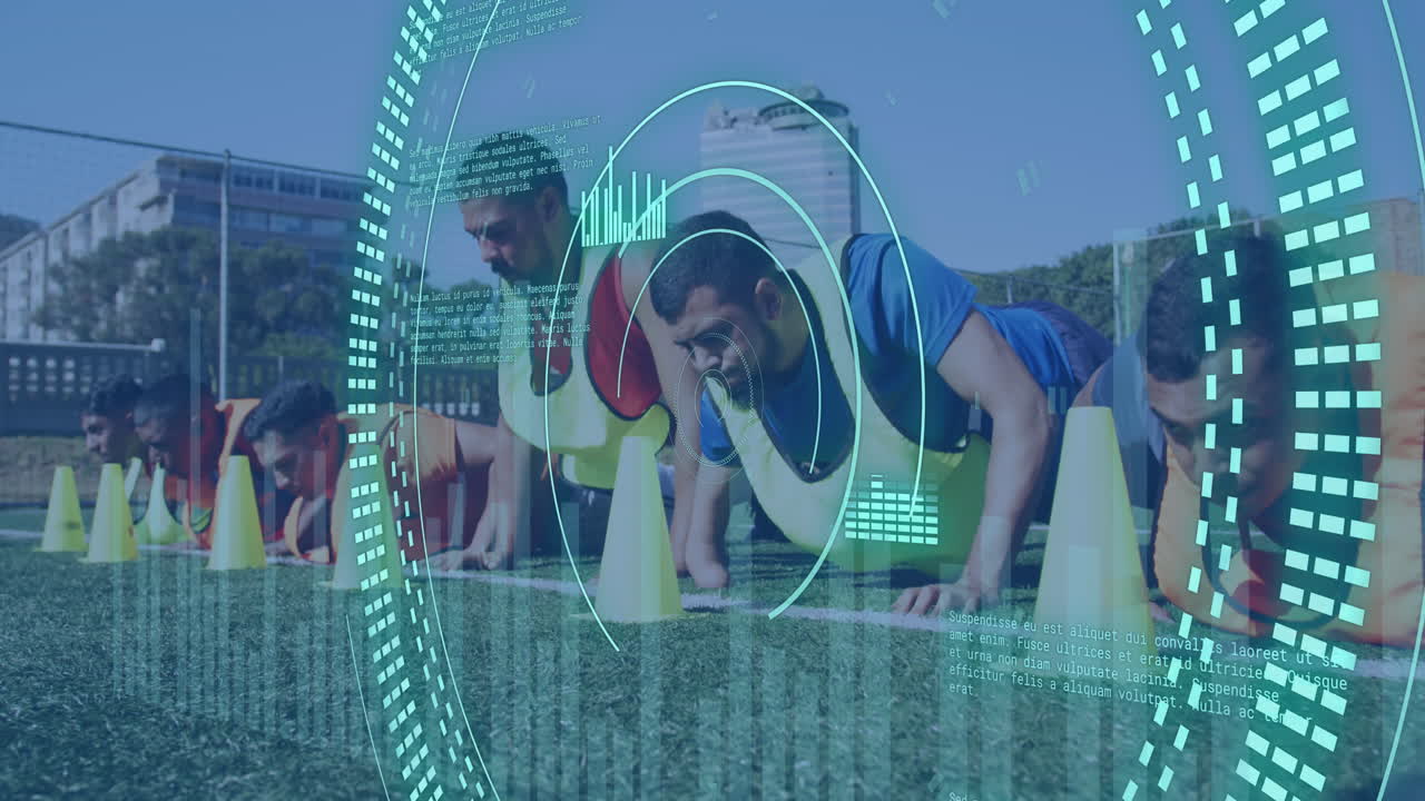 다양한 축구 선수들의 스캐닝과 데이터 처리의 애니메이션