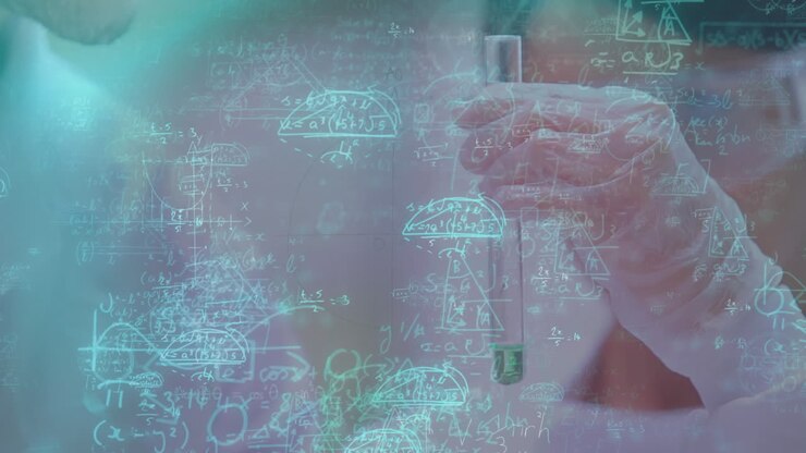 Animazione di equazioni matematiche con operatore sanitario che usa una provetta sullo sfondo