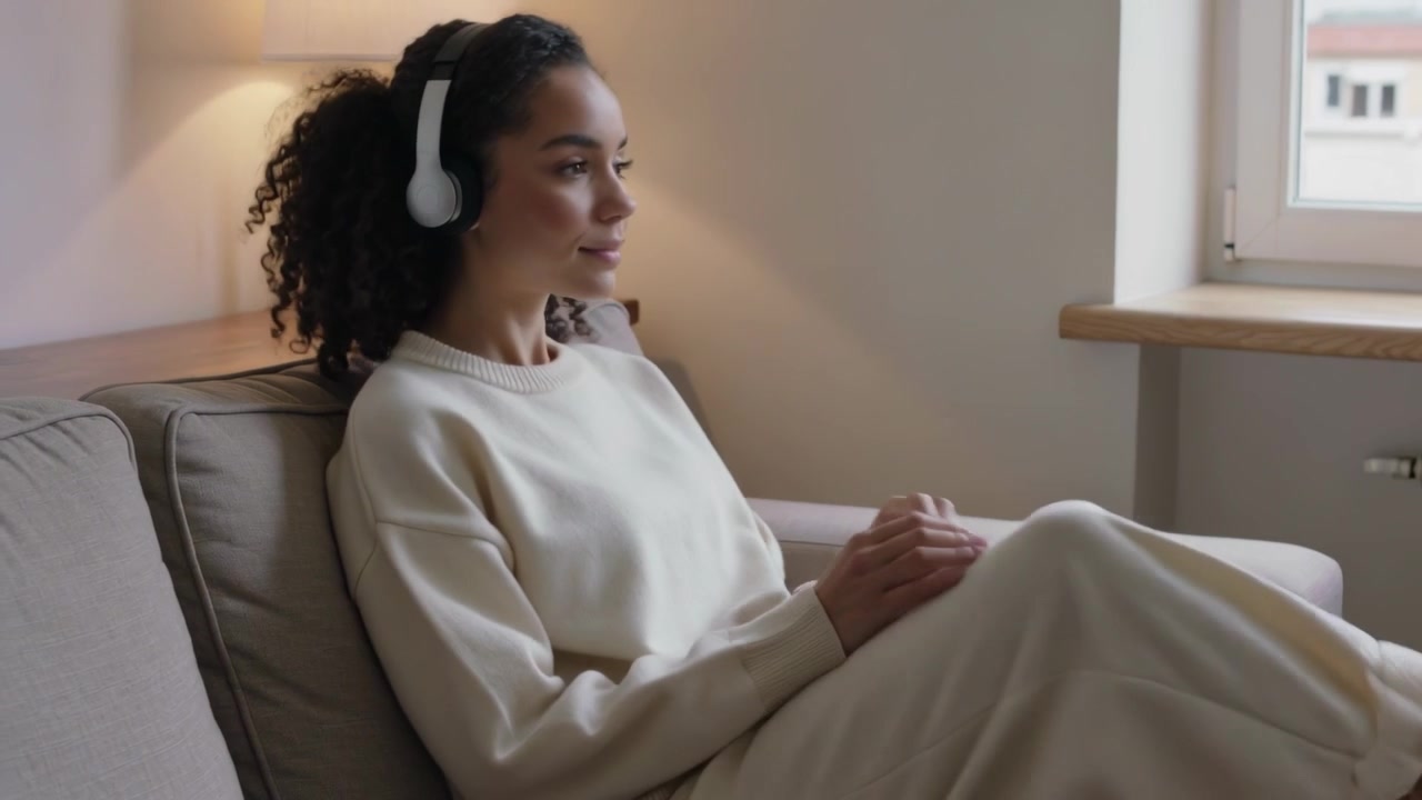 Donna che si solleva, seduta sul divano, che si accomoda in un set color crema, che ascolta con cuffie bianche a casa, con spazio per il testo.