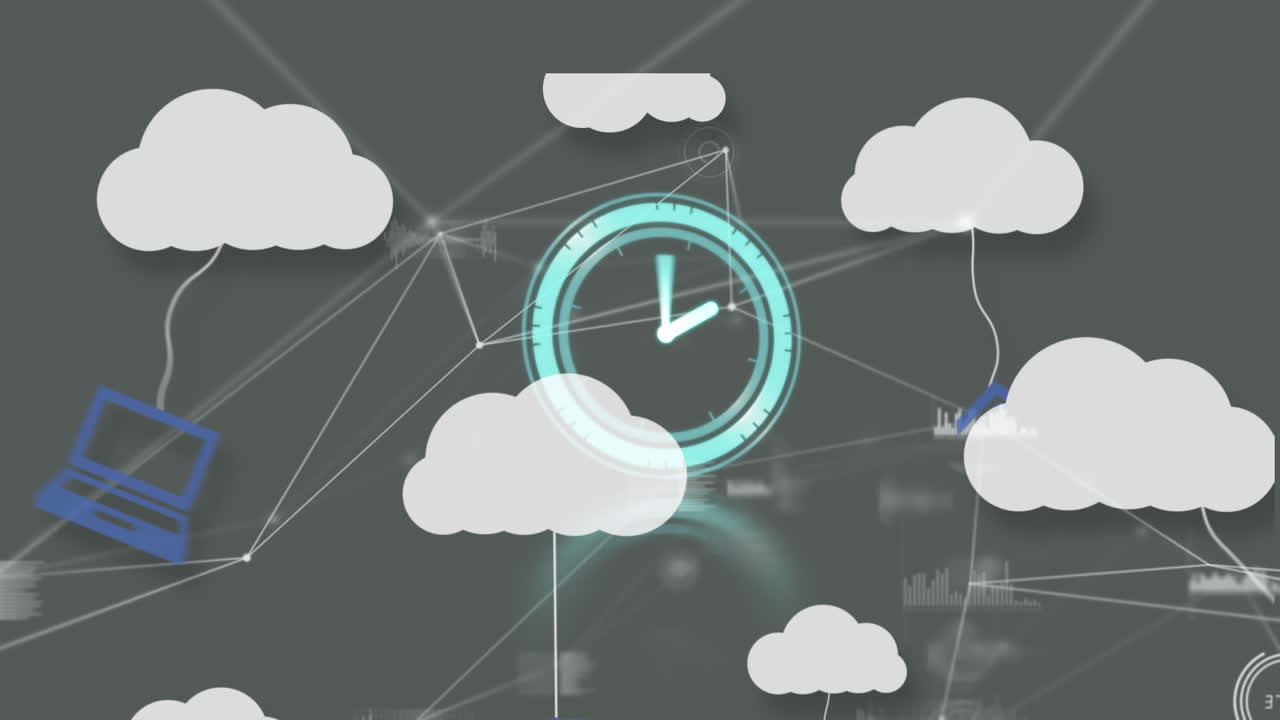 Animation of clock moving fast over digital clouds with electronic devices on grey background