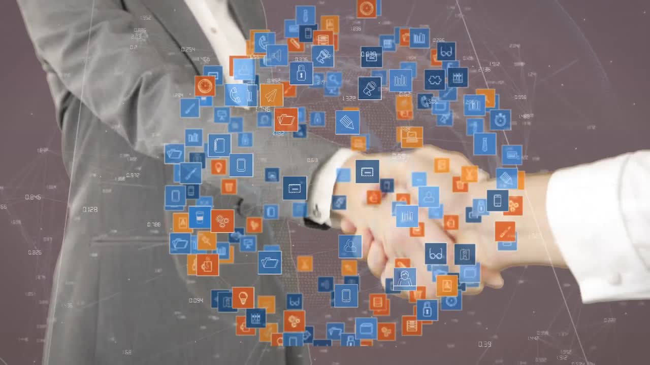 animación de redes de conexiones con iconos sobre el apretón de manos comercial