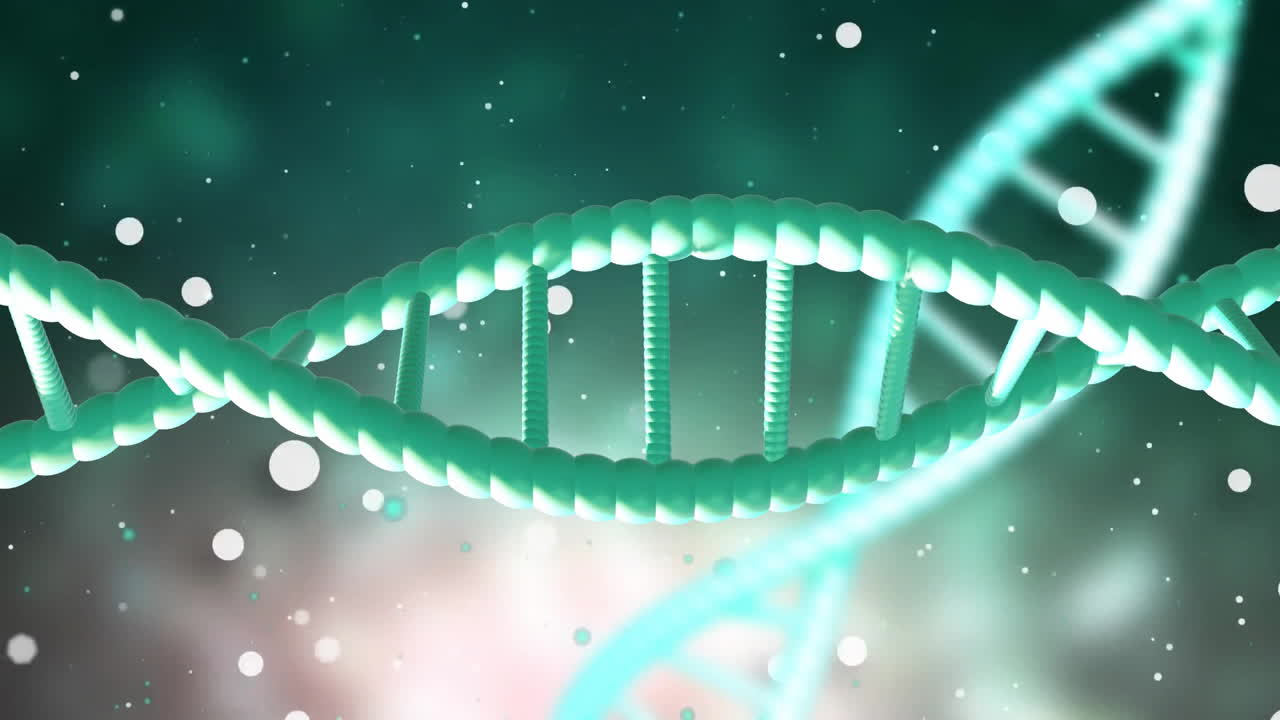어두운 배경 위에 반이는 불빛으로 회전하는 dna 가닥의 애니메이션