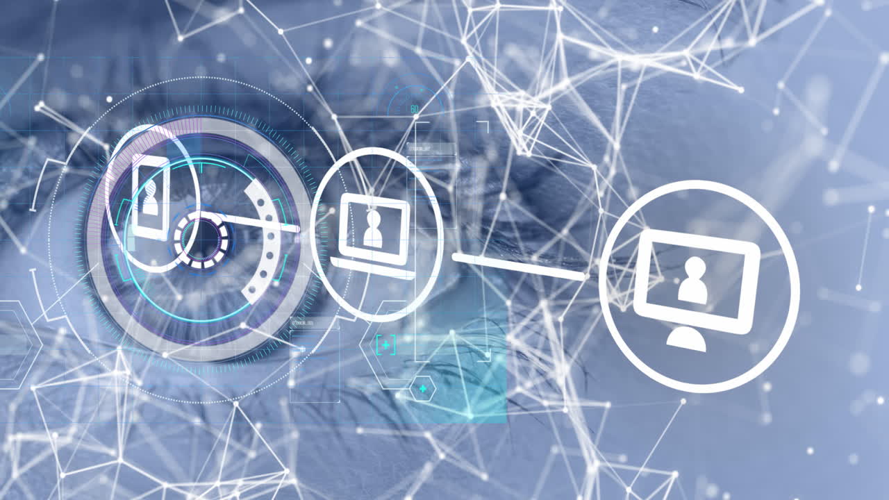 iconos digitales sobre la red de conexiones contra el escáner redondo sobre el primer plano del ojo femenino