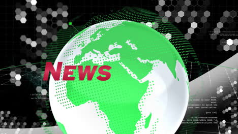 news text animation over rotating green globe with hexagonal patterns