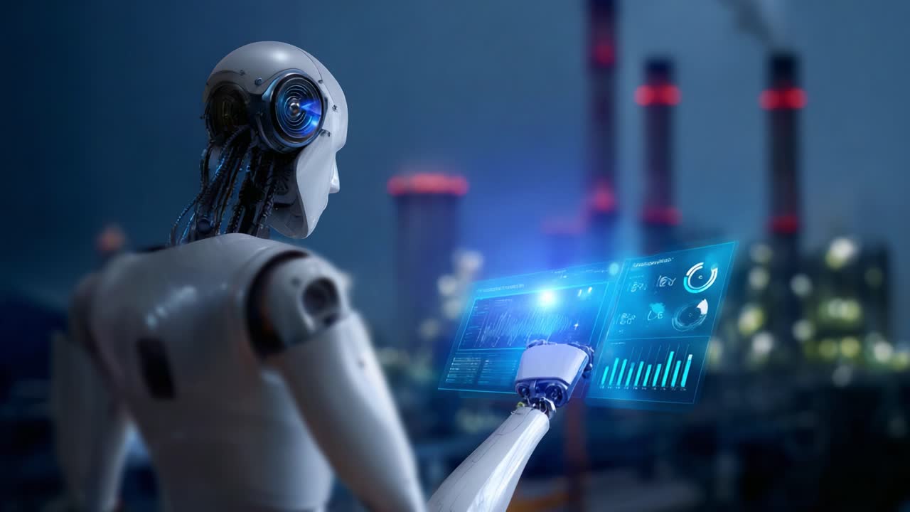 A robotic figure analyzing advanced data on a digital interface in a futuristic industrial environment, showcasing the integration of AI technology and automation