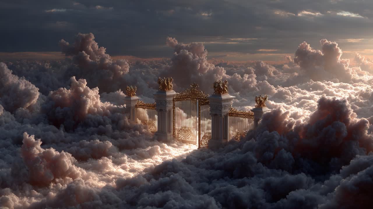 An ethereal gateway emerges through a mesmerizing landscape of clouds, showcasing intricate golden details and a tranquil atmosphere that captivates the viewer's imagination