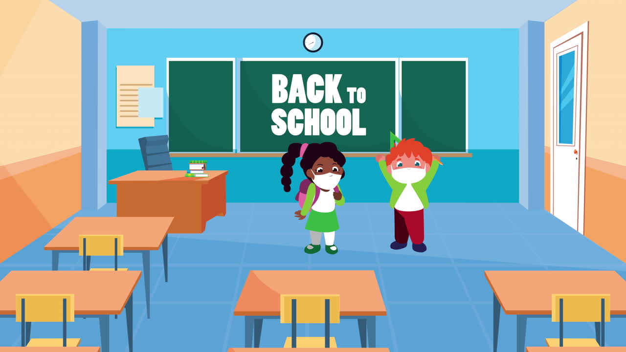 교실에서 의료 마스크를 착용한 어린 학생들