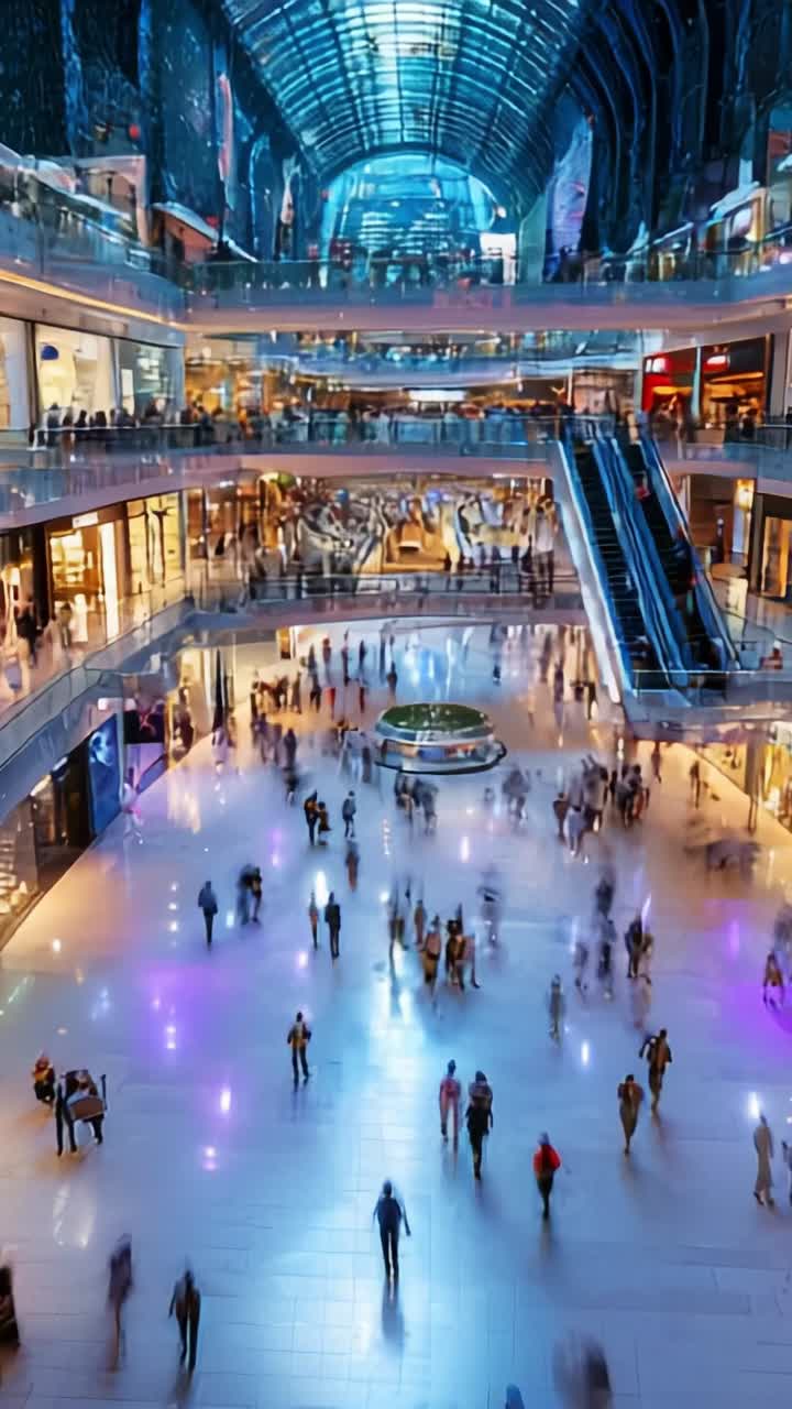 A Calm Evening in a Major Shopping Mall: Capturing the Tranquility and Movement of People in a Spacious Retail Environment Bathed in Soft Lights