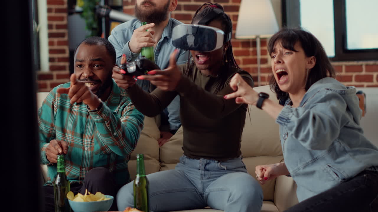 Diverse friends feeling sad about losing video games play