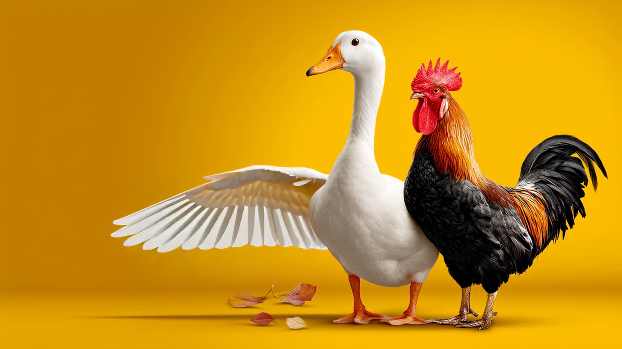 Ducks and roosters play nice. A cheerful duck and a proud rooster stand side by side on a bright yellow background, showcasing their vibrant feathers