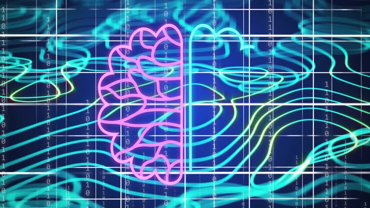 Animation of ai data processing over blue glowing lines on dark background