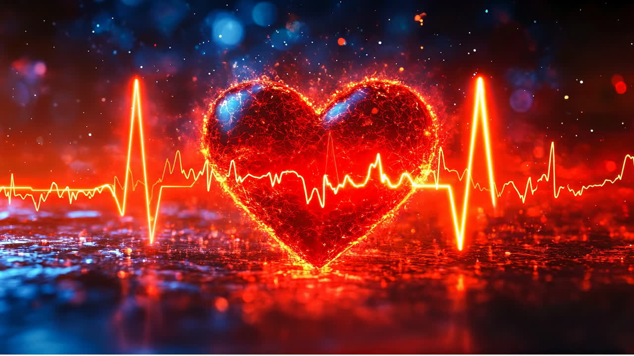Glowing heart design. A glowing red heart symbol surrounded by a colorful heartbeat line set against a dark background
