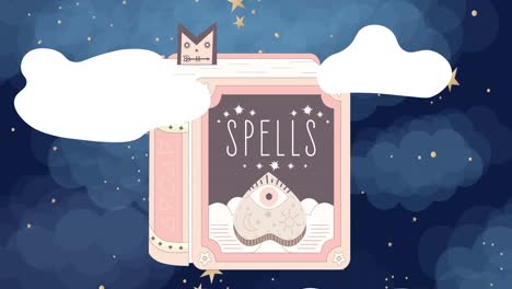 animation of spells title on book flying over white clouds, stars and night sky