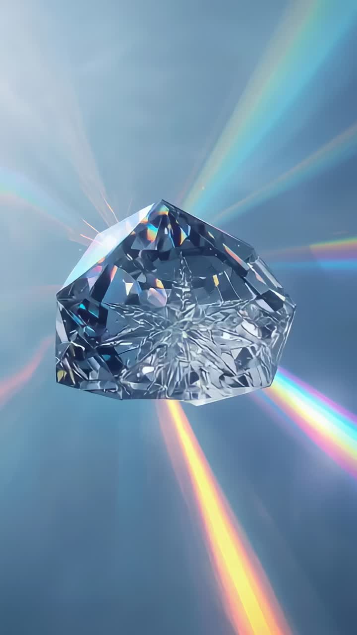 Vertical video: Rotating faceted crystal casting prism rays across soft blue backdrop, with glow