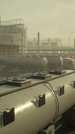 a tanker truck parked at a industrial site with many storage tanks and pipes