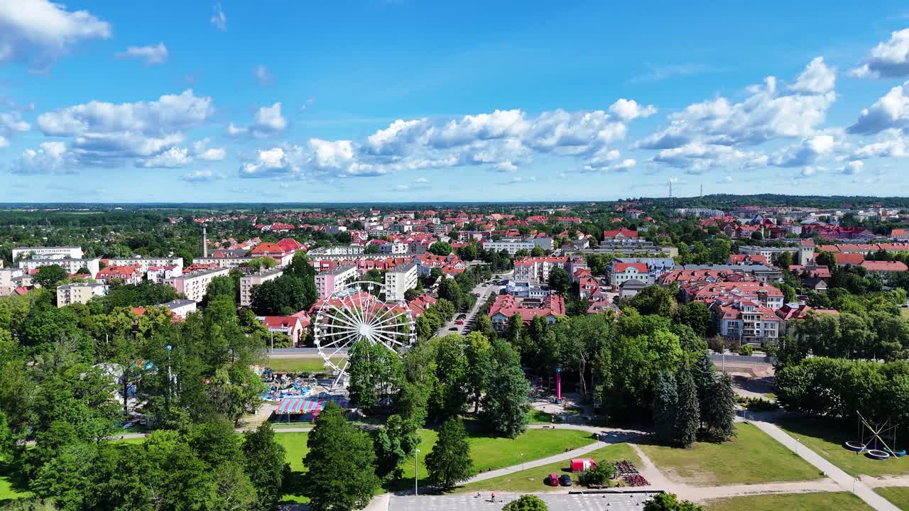 Ferris wheel and Gizycko skyline, aerial view