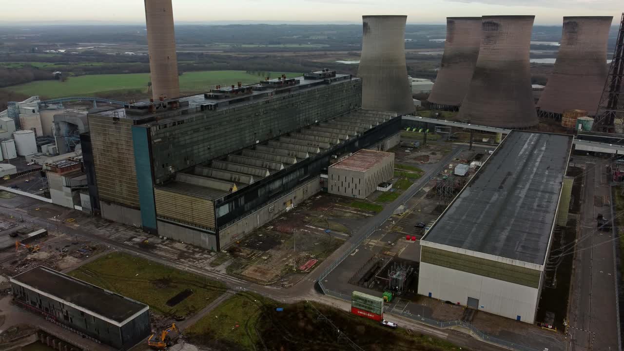 Aerial view Fiddlers Ferry orbiting decommissioned power station demolished north towers aftermath
