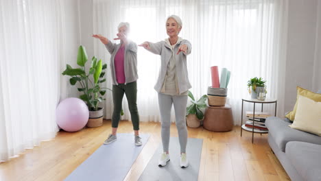 Fitness,-yoga-and-elderly-woman-friends-in-a-home