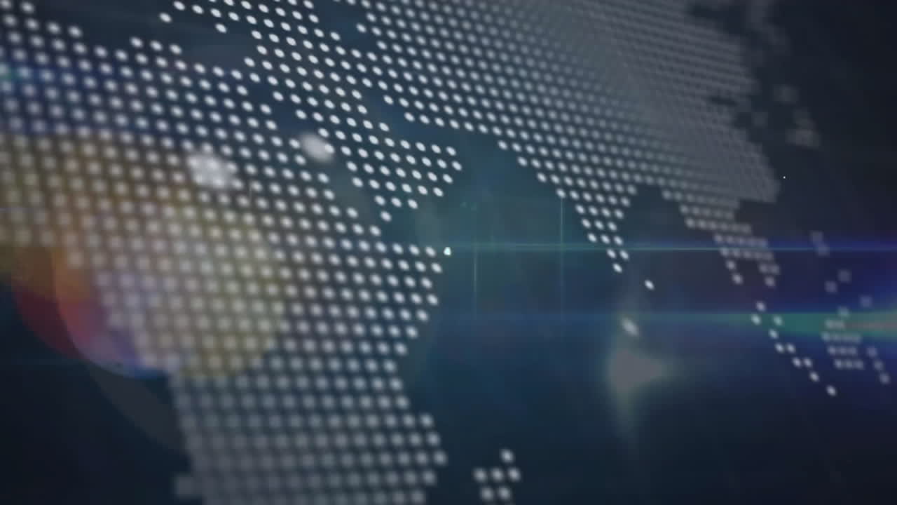 Animation of network of connections with icons over world map and data processing