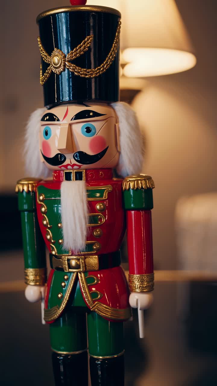 Close-up of a classic nutcracker soldier in vibrant colors, shot at eye level