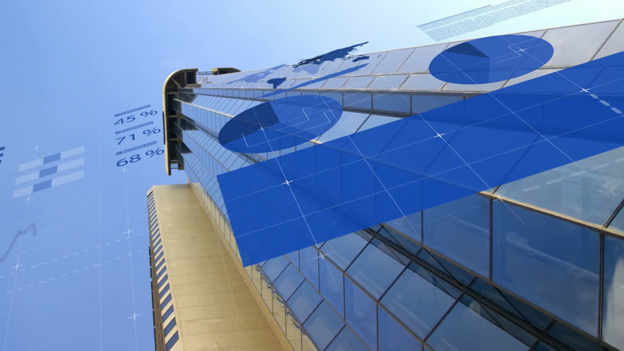 Skyline visualization showing glass skyscraper rising with floating charts and global data overlay