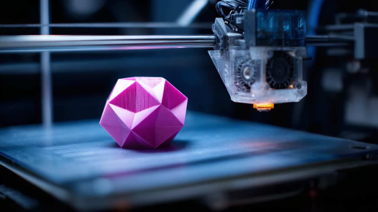 A Vibrant Pink Geometric Shape Being Created by a 3D Printer with Intricate Mechanics in Focus, Showcasing Modern Technology and Innovative Design in Action