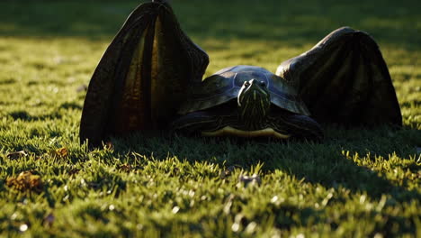 turtle with wings in a grassy park