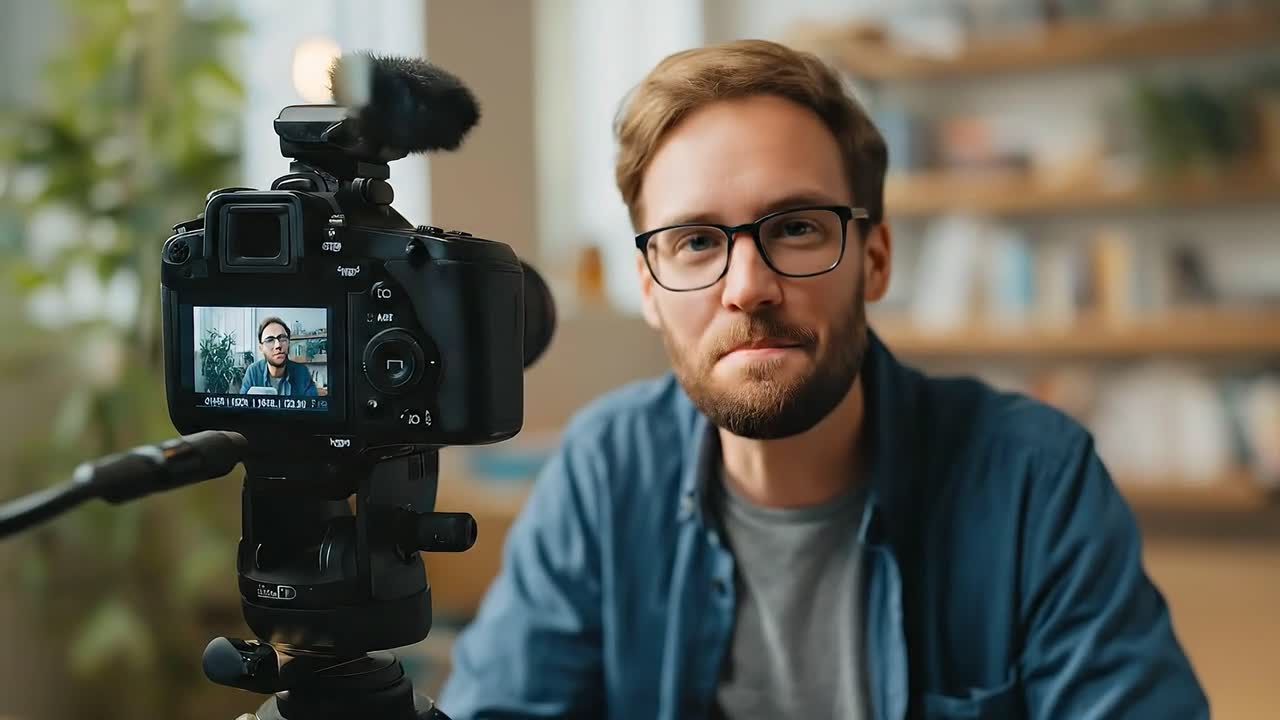 Młody mężczyzna nagrywa wideoblog w domu za pomocą aparatu DSLR