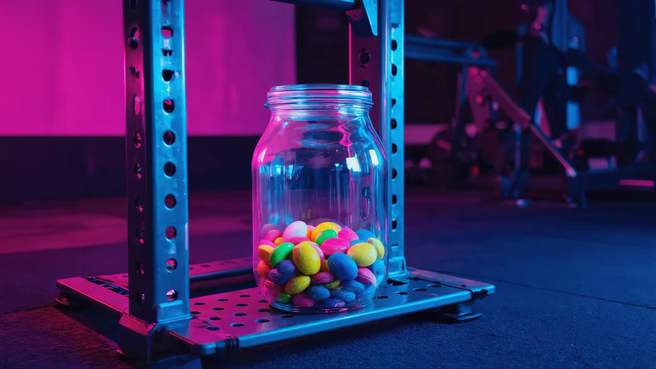 Jar of Colorful Candy in Gym Setting