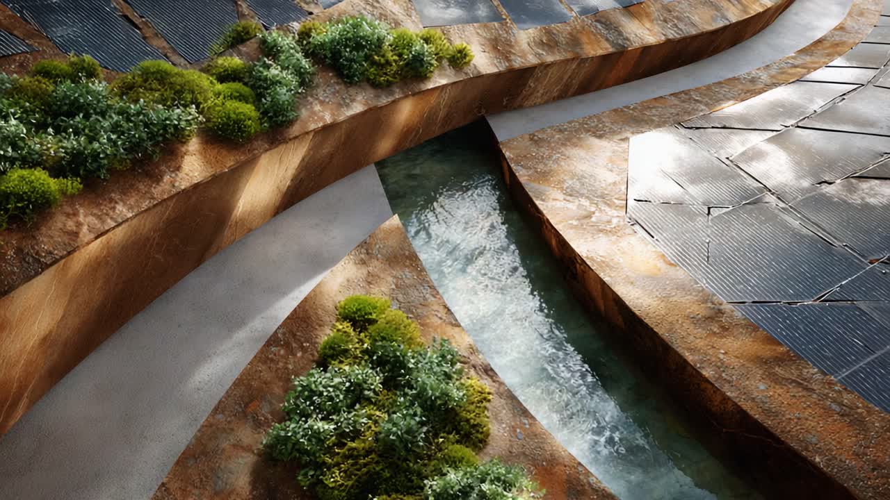 Contemporary Landscape Design Featuring Curved Water Channels and Greenery in a Modern Urban Setting with Solar Panels and Artistic Terrain Features