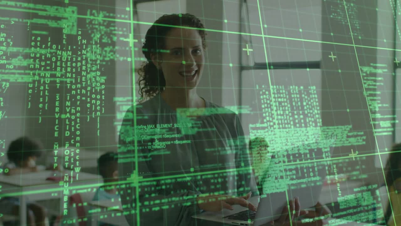 Teacher tapping laptop and activating green code grid overlay in classroom, teaching data literacy